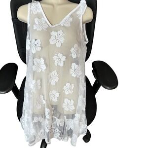Miken Swim White Hibiscus Floral Mesh Lace Beach Cover Up Dress Womens Medium